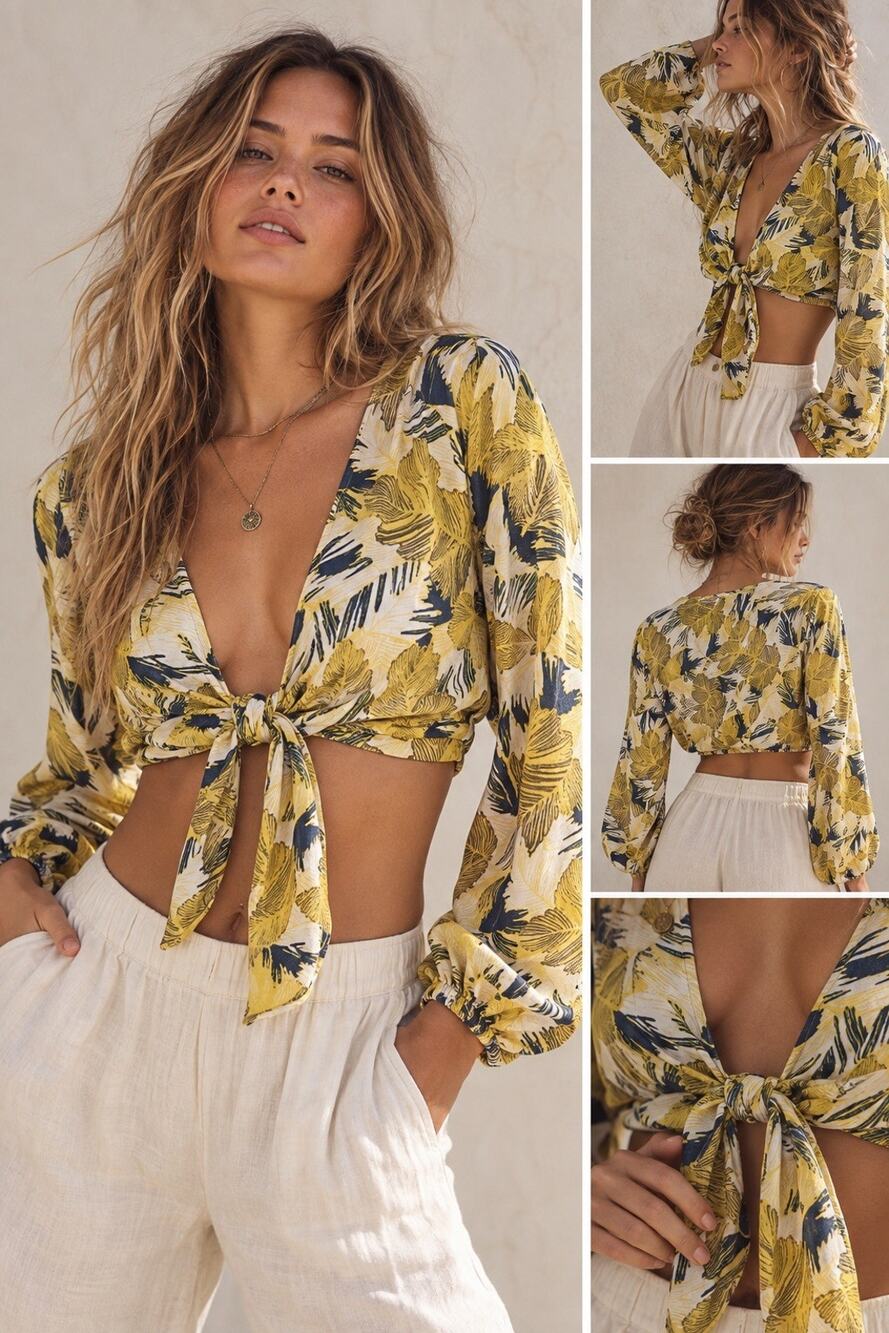 Tie-Front Cropped V-Neck Puff Long Sleeve Floral Blouse Women’s M tropical